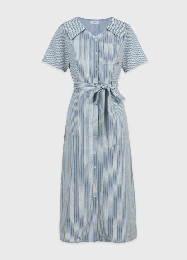 Bubbly Stripe Open Collar Long Dress