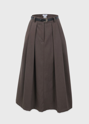 Urbane Pleats Long Skirt-Belt Set Black