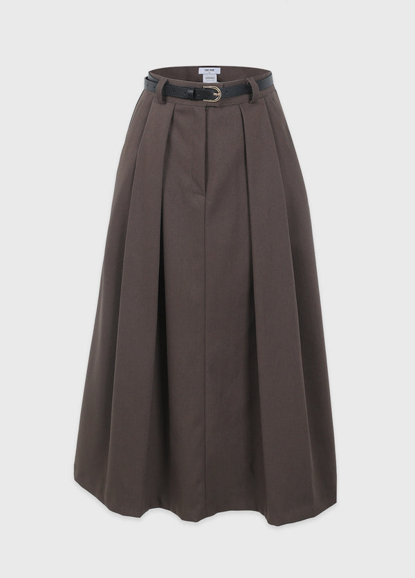 Urbane Pleats Long Skirt-Belt Set Black
