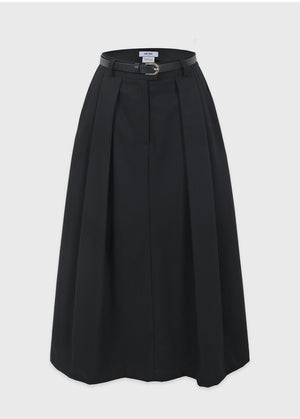Urbane Pleats Long Skirt-Belt Set Black
