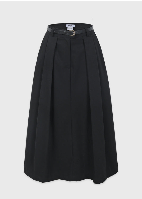 Urbane Pleats Long Skirt-Belt Set Black